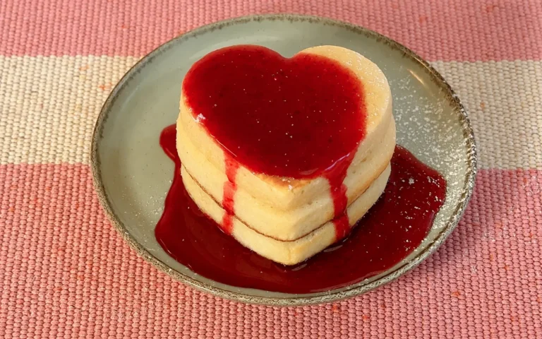 Pancakes de masa madre esponjosos coronados con coulis de fresa en forma de corazón