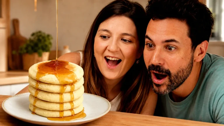 Torre de pancakes súper esponjosos con sirope, sin levadura química