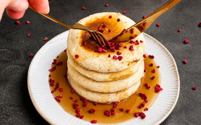 Stack of fluffy pancakes with syrup, made without baking powder