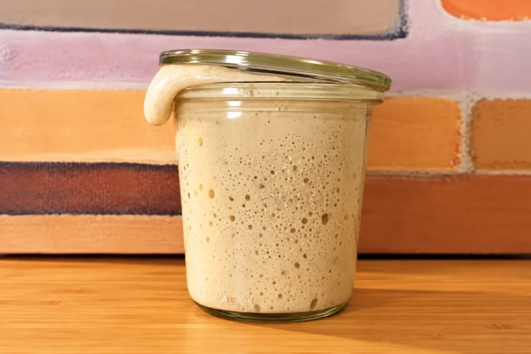 Sauerteig ansetzen: selbstgemachter Sauerteig voller Blasen, der über den Glasrand quillt und den Deckel hebt