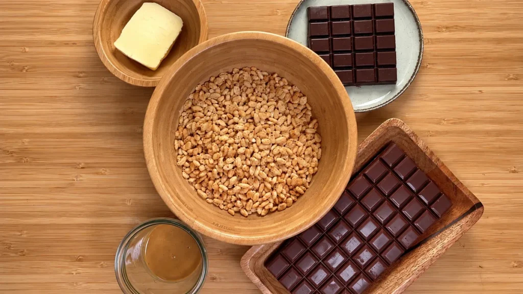 Ingredientes del turrón de chocolate crujiente: dos tabletas de chocolate, arroz inflado, mantequilla y crema de almendras