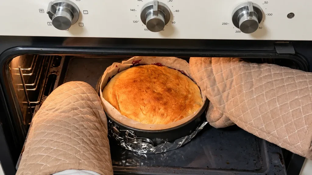 Golden brioche cake in a springform pan, sitting on foil on the oven rack