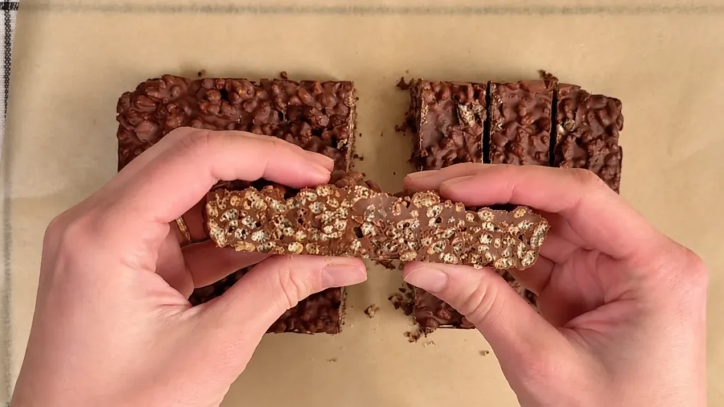 Porción de turrón de chocolate casero partida con las manos, con el arroz inflado a la vista en el corte
